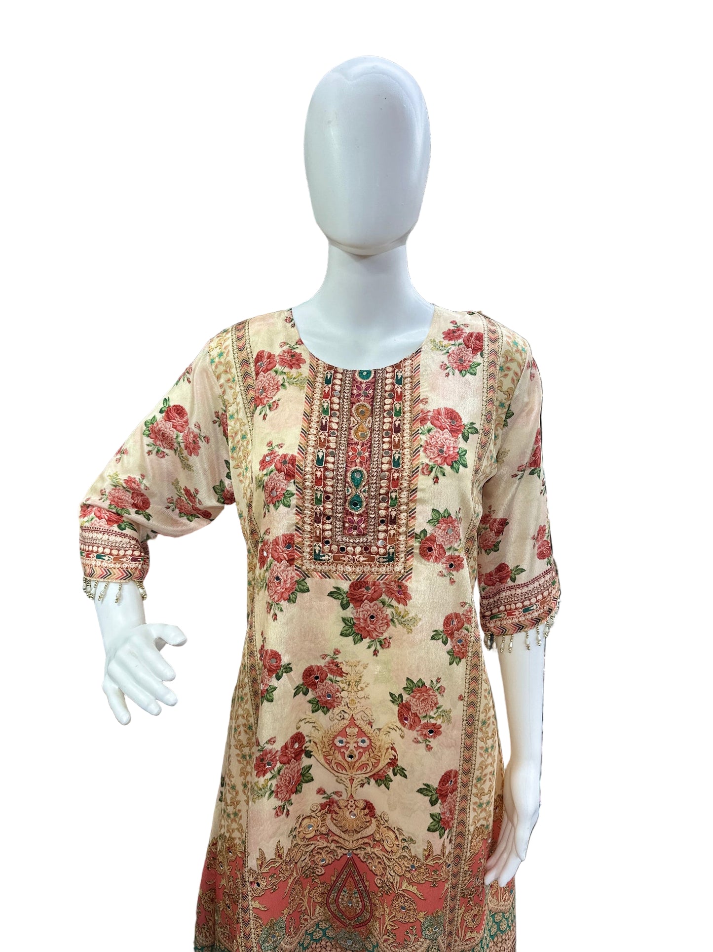 Luxurious Chinnon 3-Piece Ensemble - A-Line Top with Mirror, Cutdana & Lacework, Flowing Palazzo with Lining & Dupatta in Elegant Cream