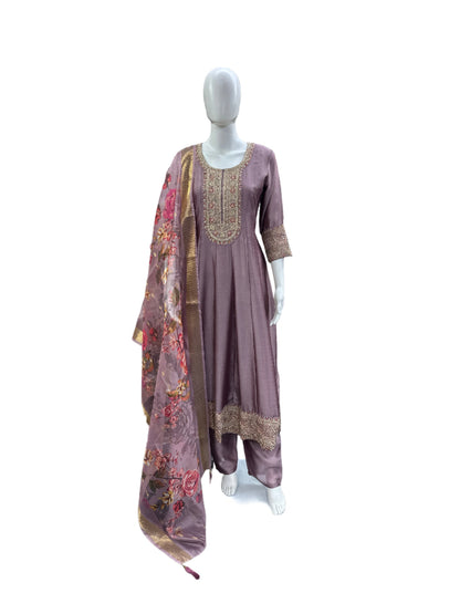 Luxurious Chinon 3-Piece Anarkali Ensemble - Heavy Lacework on Yoke & Hemline with Lining & Digitally Printed Dupatta in Regal Purple