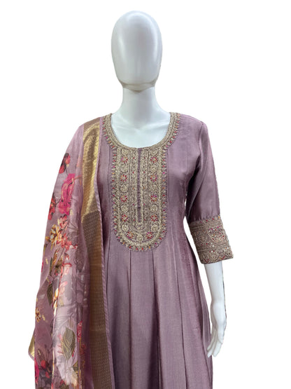 Luxurious Chinon 3-Piece Anarkali Ensemble - Heavy Lacework on Yoke & Hemline with Lining & Digitally Printed Dupatta in Regal Purple