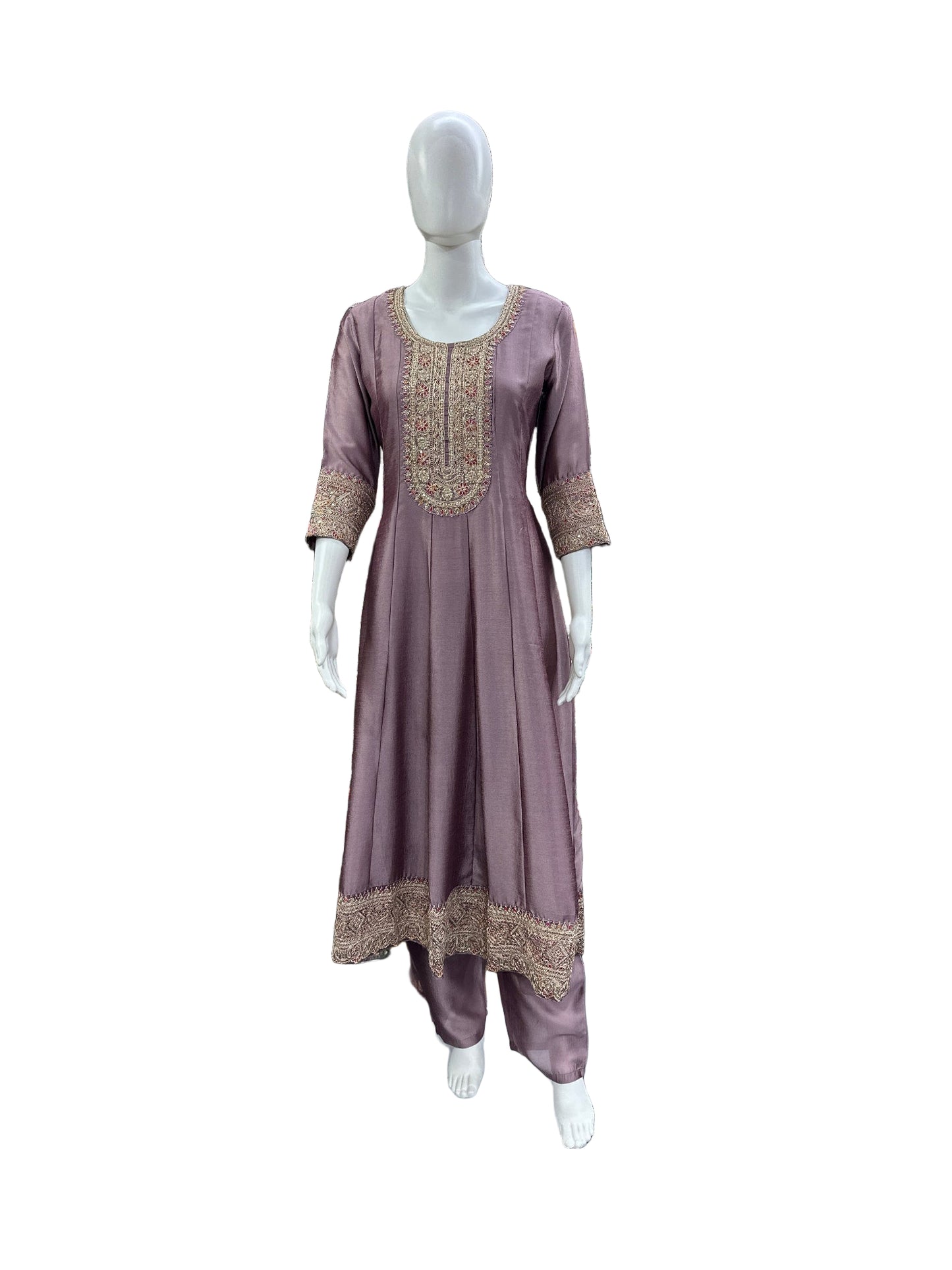 Luxurious Chinon 3-Piece Anarkali Ensemble - Heavy Lacework on Yoke & Hemline with Lining & Digitally Printed Dupatta in Regal Purple