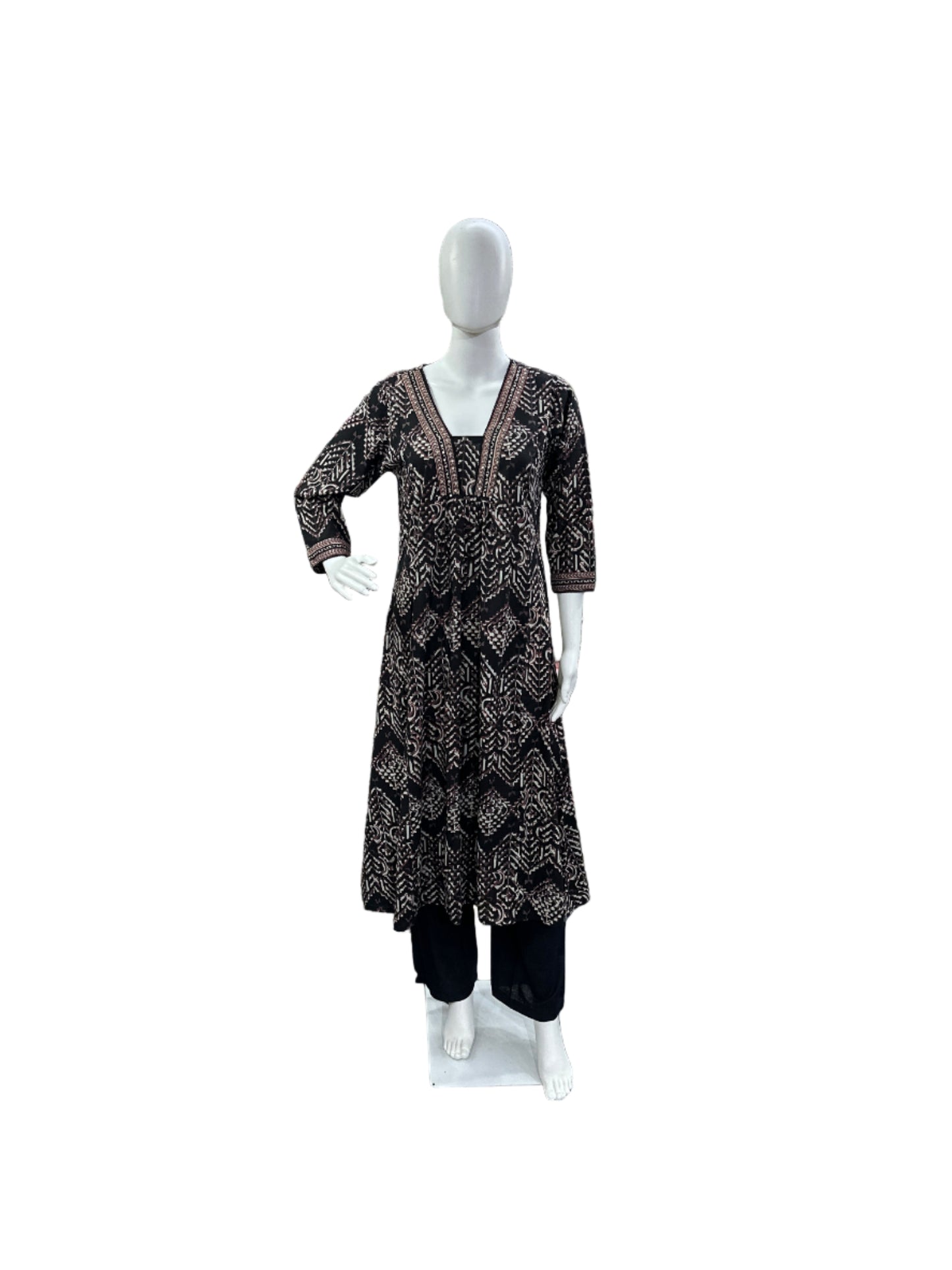 Breathable Cotton 3-Piece Ensemble - A-Line Top with Abstract Design & Sequence Work on Yoke, Straight Pants & Dupatta in Classic Black