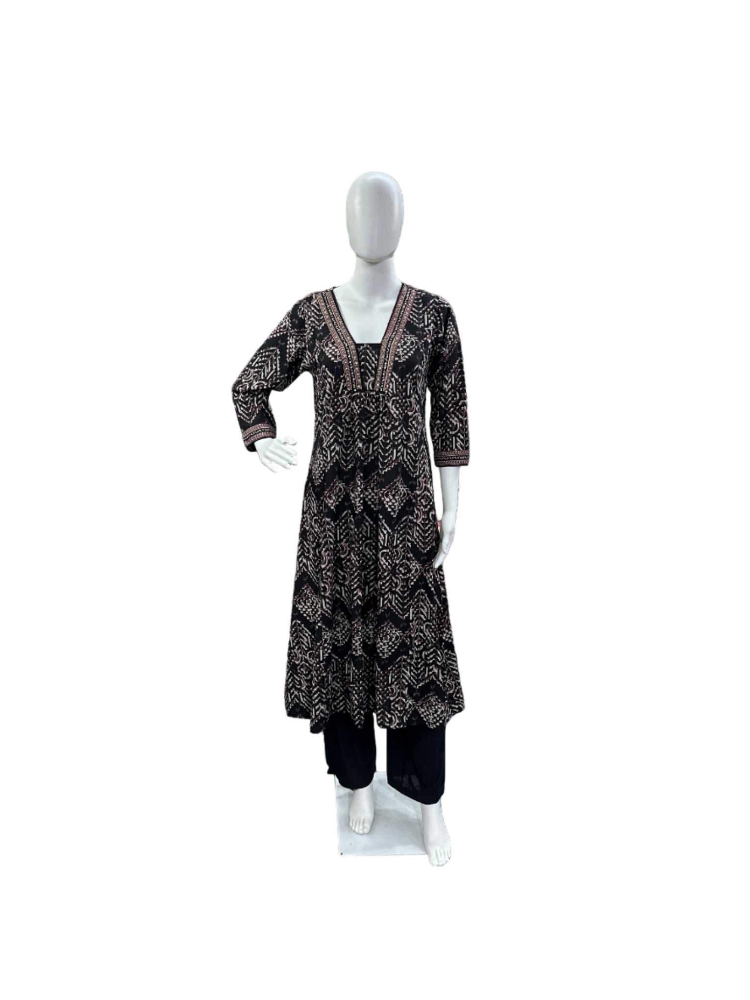 Breathable Cotton 3-Piece Ensemble - A-Line Top with Abstract Design & Sequence Work on Yoke, Straight Pants & Dupatta in Classic Black