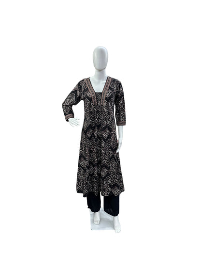 Breathable Cotton 3-Piece Ensemble - A-Line Top with Abstract Design & Sequence Work on Yoke, Straight Pants & Dupatta in Classic Black