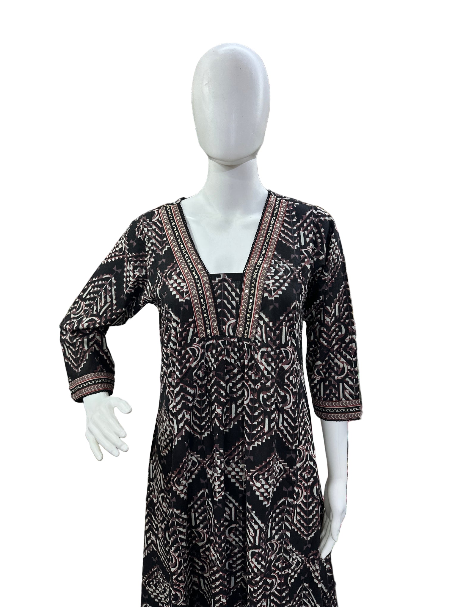 Breathable Cotton 3-Piece Ensemble - A-Line Top with Abstract Design & Sequence Work on Yoke, Straight Pants & Dupatta in Classic Black