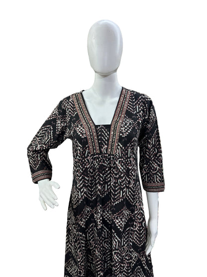 Breathable Cotton 3-Piece Ensemble - A-Line Top with Abstract Design & Sequence Work on Yoke, Straight Pants & Dupatta in Classic Black
