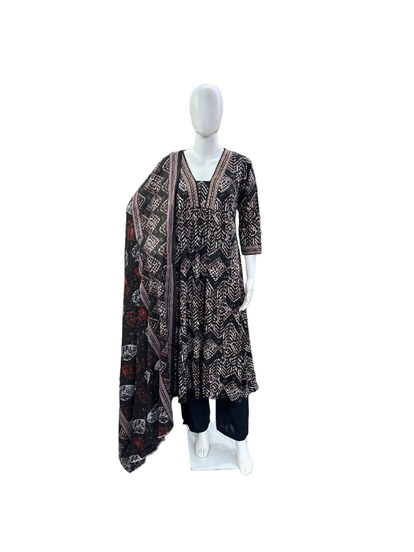 Breathable Cotton 3-Piece Ensemble - A-Line Top with Abstract Design & Sequence Work on Yoke, Straight Pants & Dupatta in Classic Black