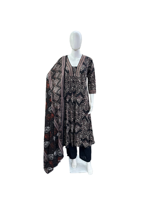 Breathable Cotton 3-Piece Ensemble - A-Line Top with Abstract Design & Sequence Work on Yoke, Straight Pants & Dupatta in Classic Black