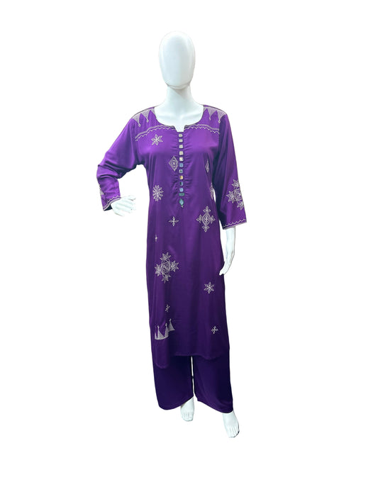 Luxurious Gajji Silk 2-Piece Ensemble - Straight Top with Thread Embroidery & Flowing Palazzo in Regal Purple