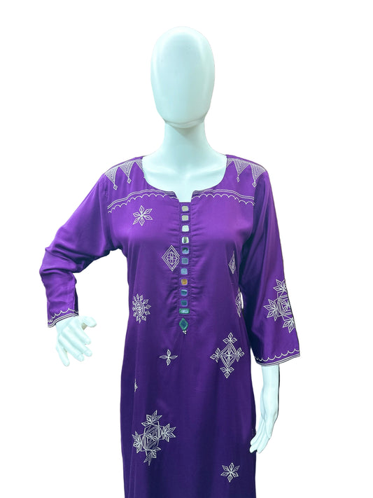 Luxurious Gajji Silk 2-Piece Ensemble - Straight Top with Thread Embroidery & Flowing Palazzo in Regal Purple
