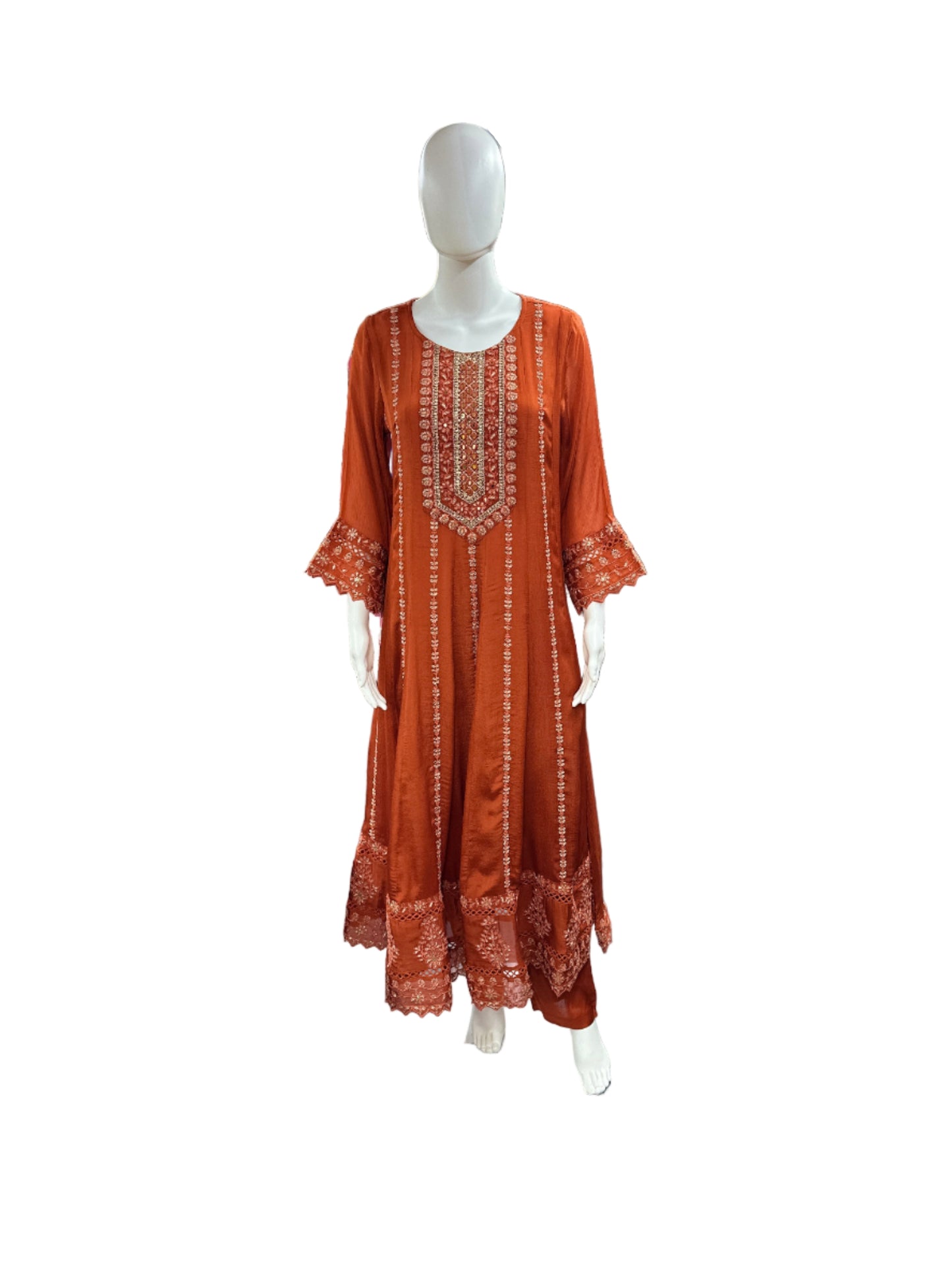Majestic Chinnon 3-Piece Anarkali Set in Rich Rust