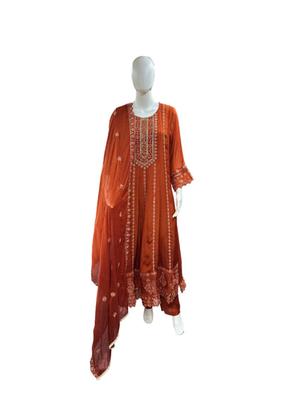 Majestic Chinnon 3-Piece Anarkali Set in Rich Rust