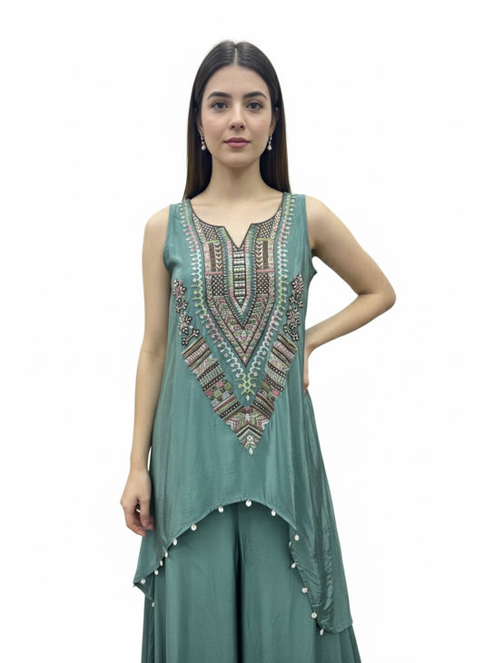 Natural Crepe 2 Piece Sleeveless Heavy Work - Turquoise Green