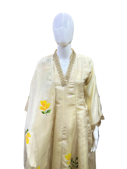 Magnificent Shimmer Silk 3-Piece Anarkali Set in Elegant Beige