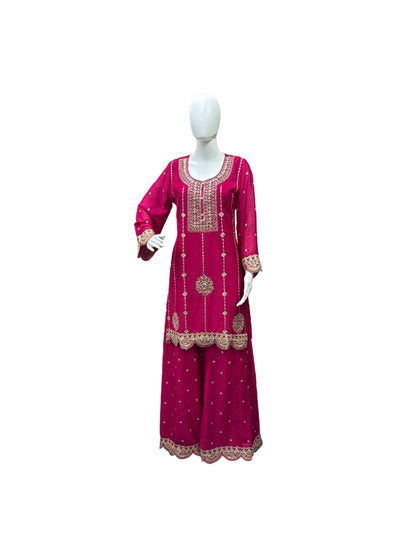Luxurious Chinnon 3-Piece Sharara Set in Magenta Pink