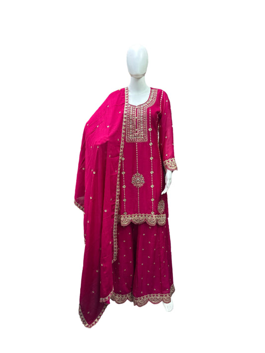 Luxurious Chinnon 3-Piece Sharara Set in Magenta Pink
