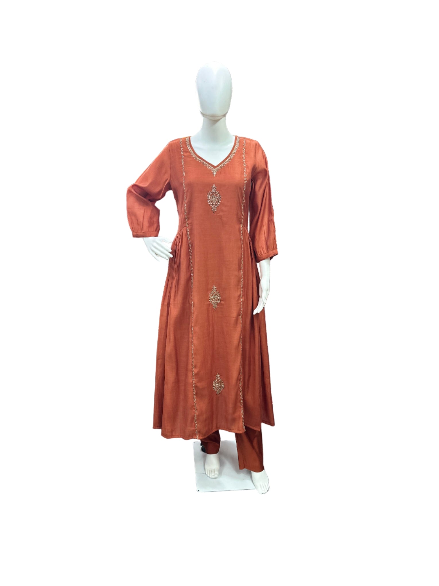 Magnificent Mul Chanderi 3-Piece Anarkali Set in Vibrant Rust