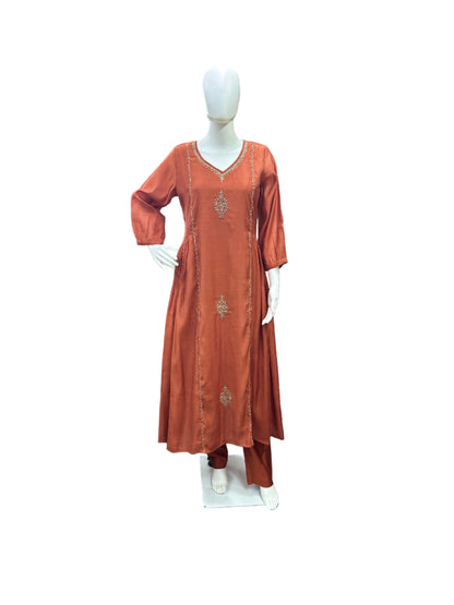 Magnificent Mul Chanderi 3-Piece Anarkali Set in Vibrant Rust