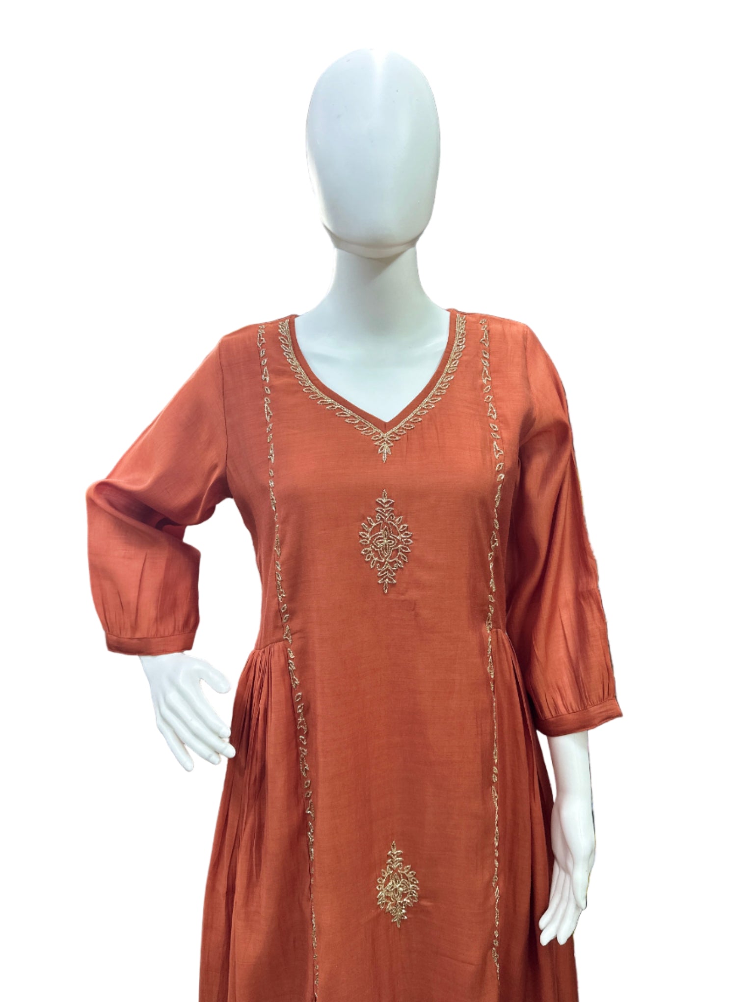 Magnificent Mul Chanderi 3-Piece Anarkali Set in Vibrant Rust