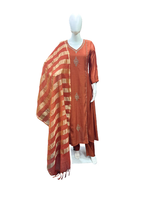 Magnificent Mul Chanderi 3-Piece Anarkali Set in Vibrant Rust