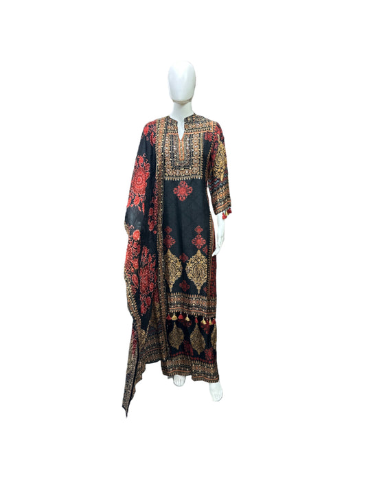 Elegant Muslin 3-Piece Set in Rust and Black