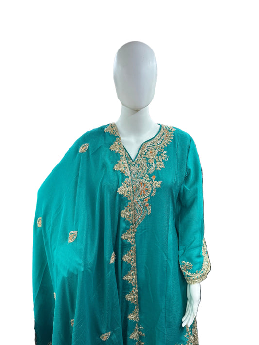 Luxurious Chinnon 3-Piece Sharara Set in Rich Rama Green