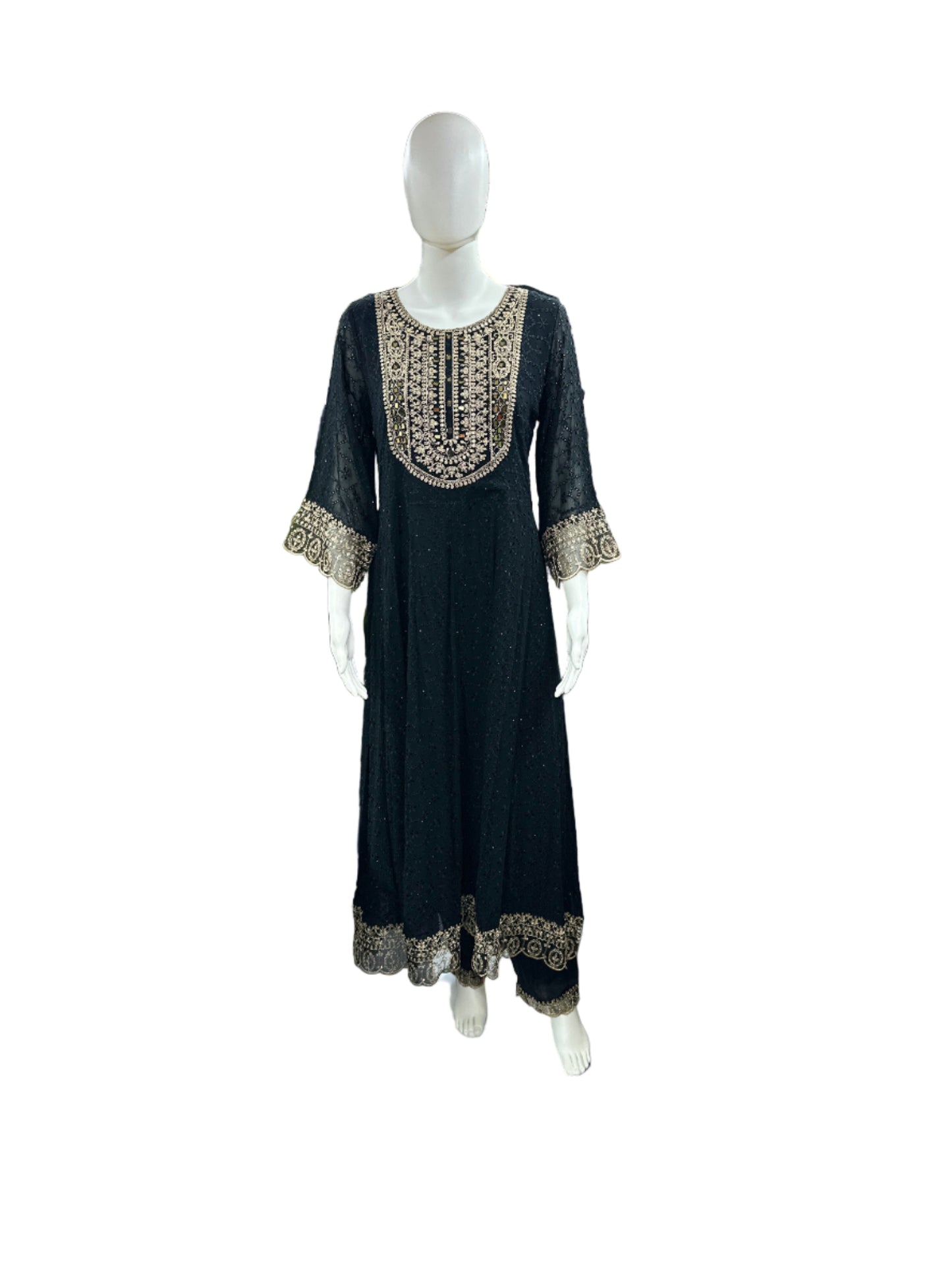 Magnificent Georgette Schiffli 3-Piece Anarkali Set in Elegant Black