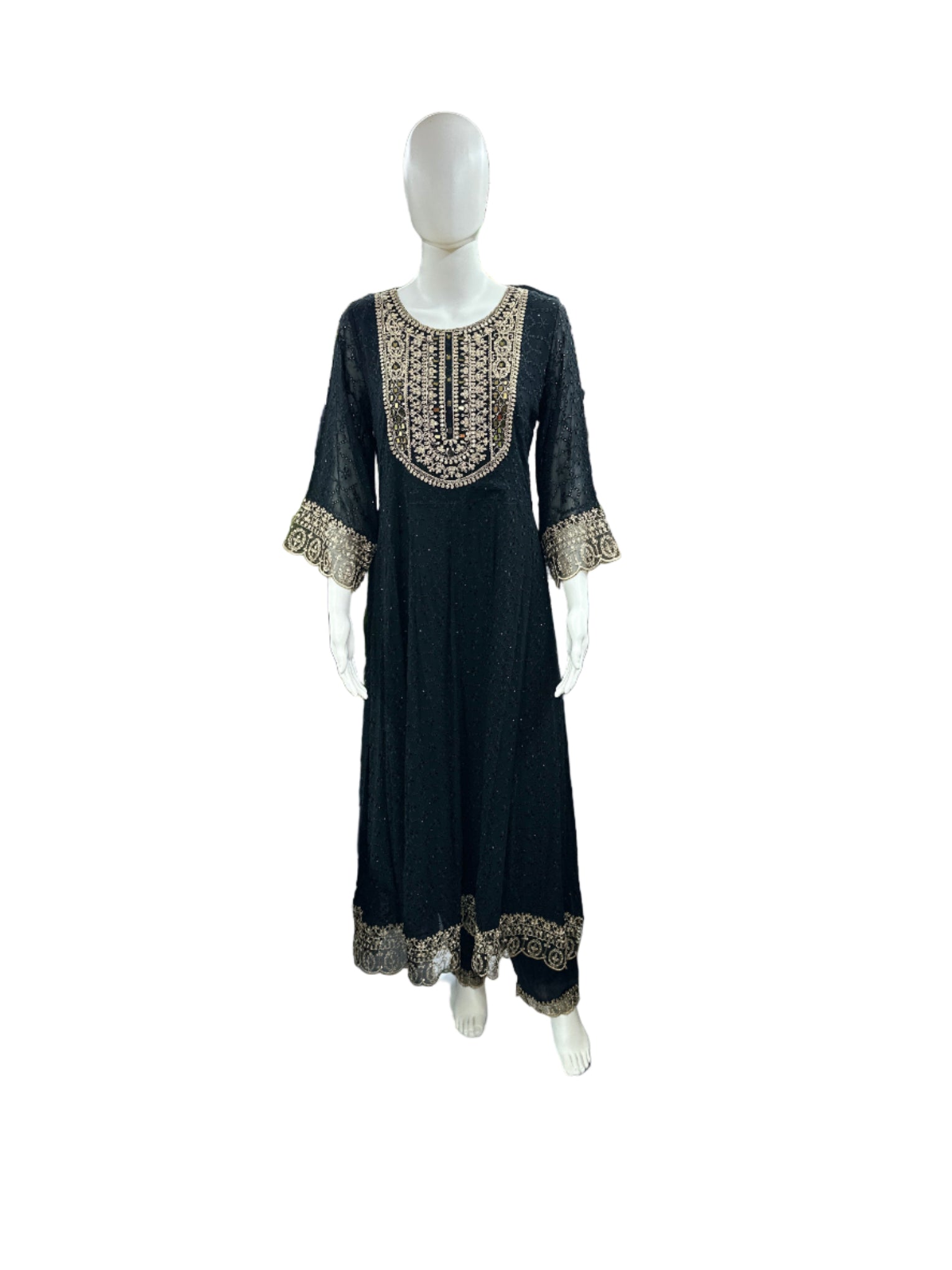 Magnificent Georgette Schiffli 3-Piece Anarkali Set in Elegant Black
