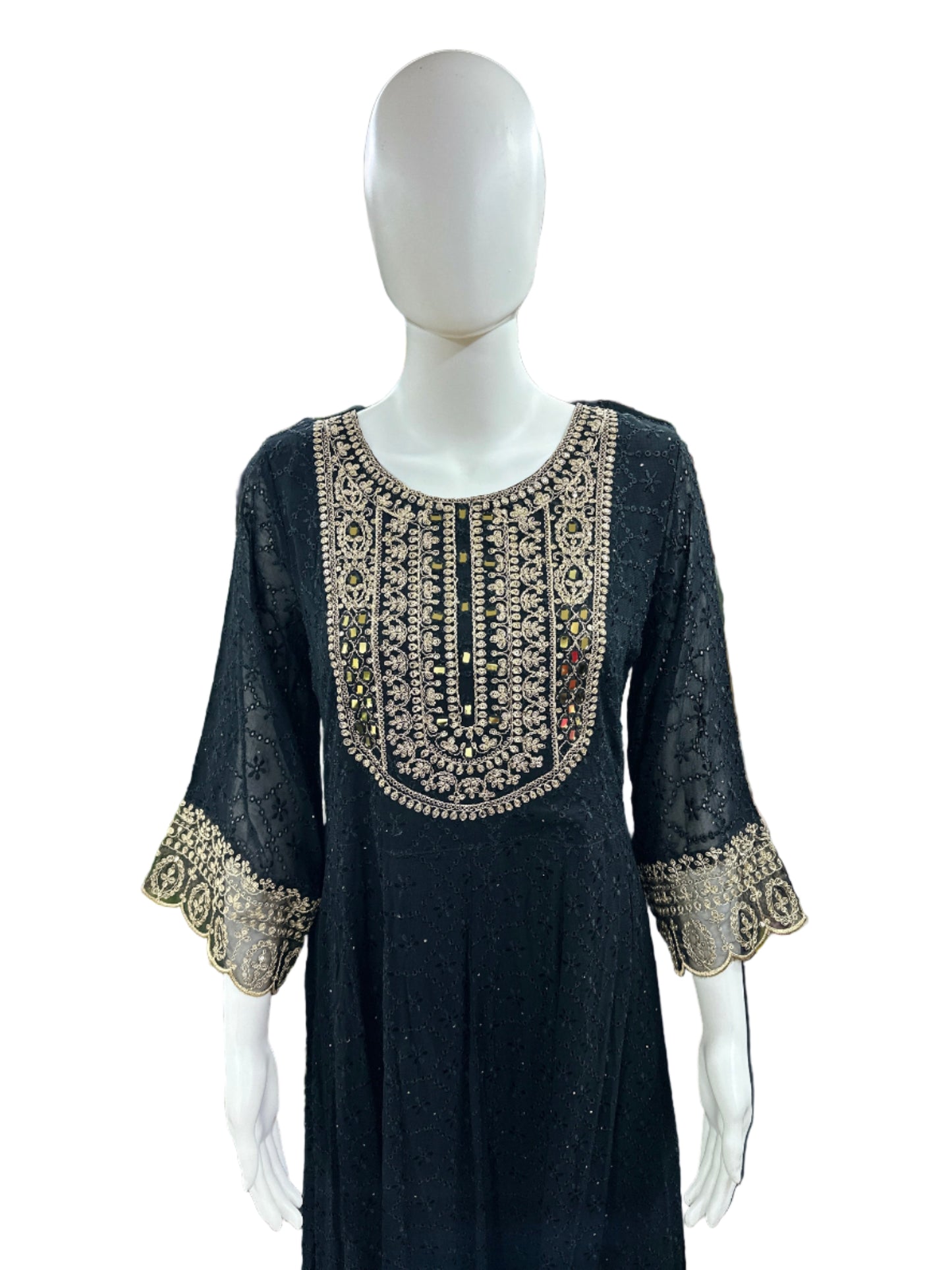 Magnificent Georgette Schiffli 3-Piece Anarkali Set in Elegant Black
