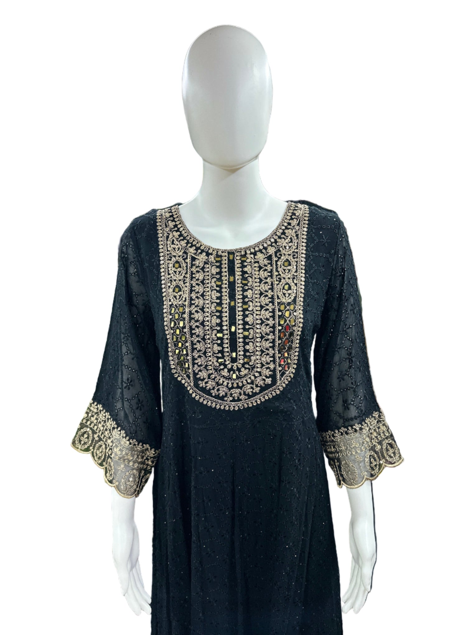 Magnificent Georgette Schiffli 3-Piece Anarkali Set in Elegant Black