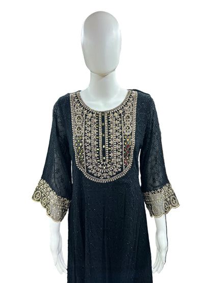 Magnificent Georgette Schiffli 3-Piece Anarkali Set in Elegant Black