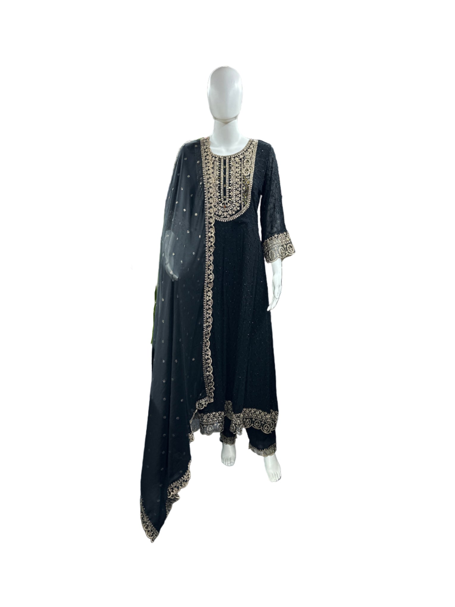 Magnificent Georgette Schiffli 3-Piece Anarkali Set in Elegant Black