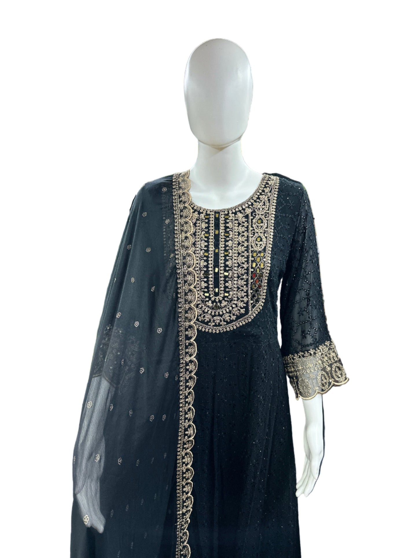 Magnificent Georgette Schiffli 3-Piece Anarkali Set in Elegant Black