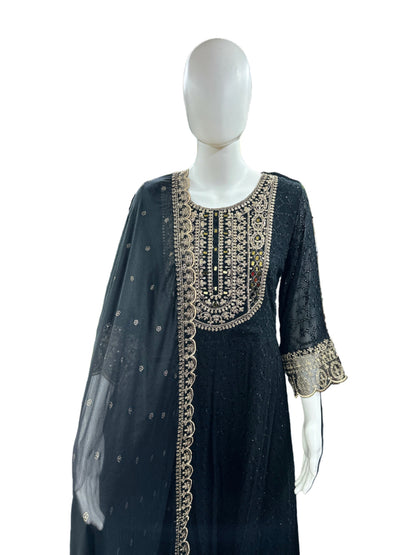 Magnificent Georgette Schiffli 3-Piece Anarkali Set in Elegant Black