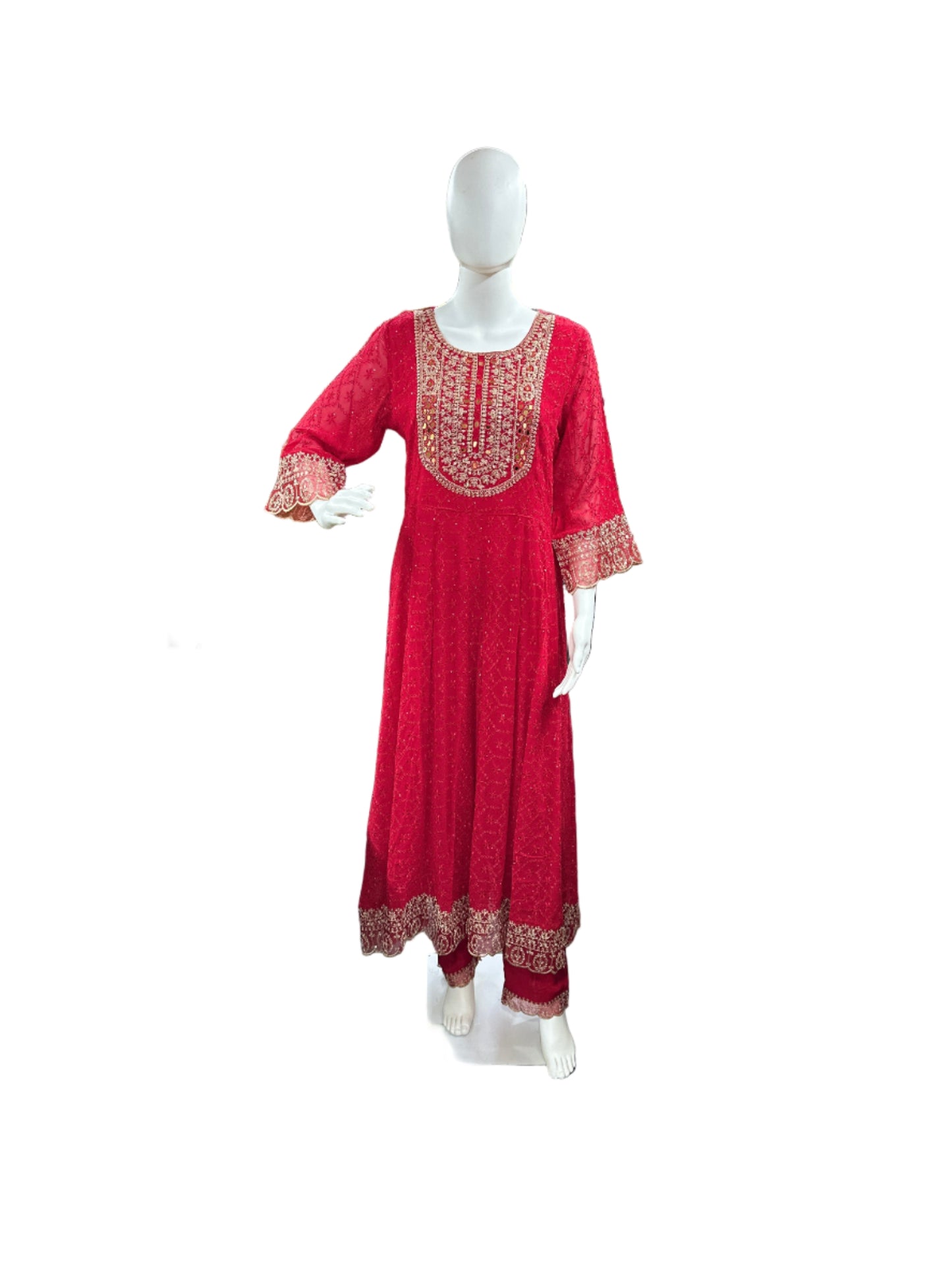 Magnificent Georgette Schiffli 3-Piece Anarkali Set in Vibrant Red