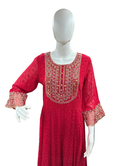 Magnificent Georgette Schiffli 3-Piece Anarkali Set in Vibrant Red