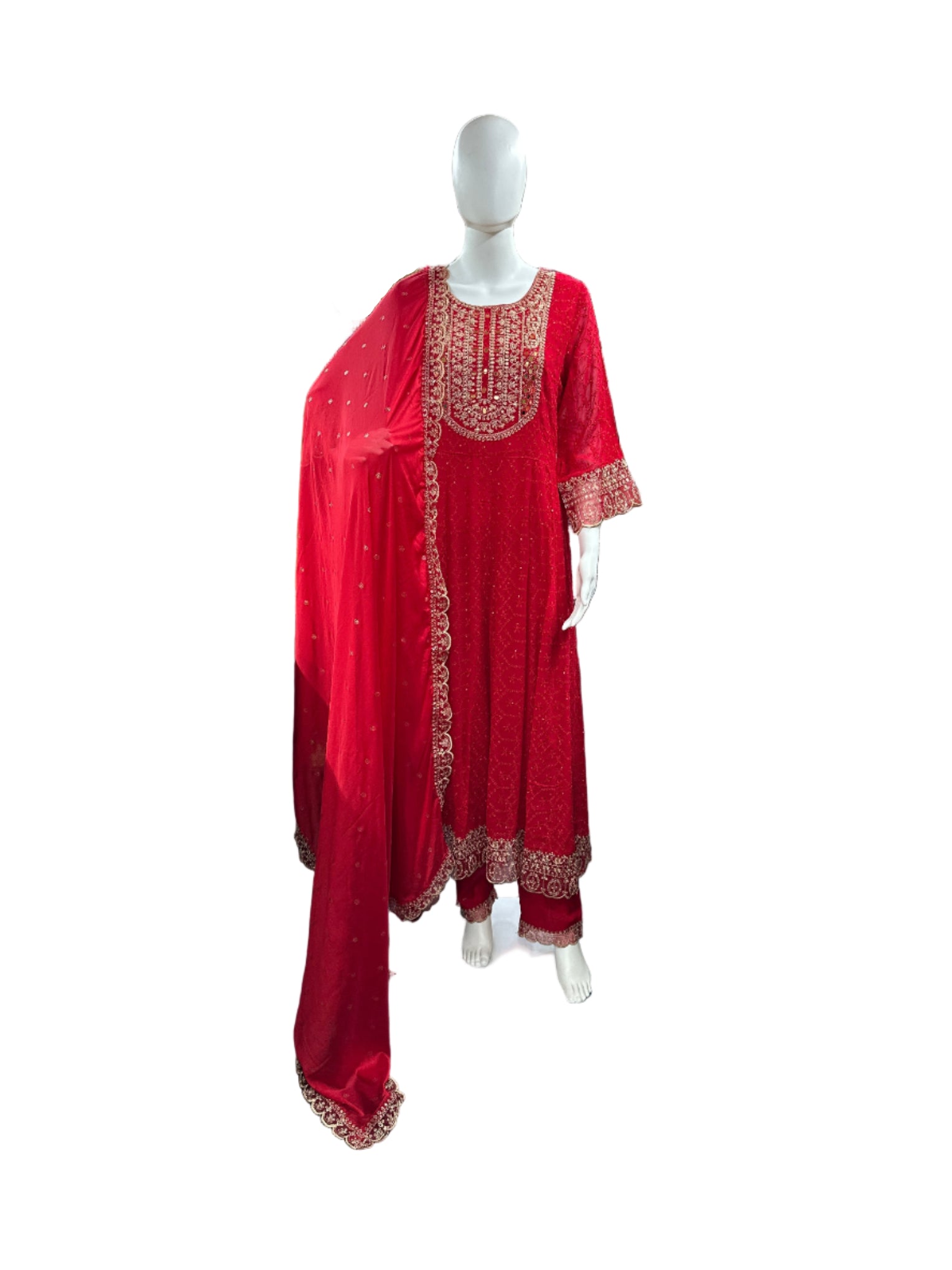 Magnificent Georgette Schiffli 3-Piece Anarkali Set in Vibrant Red