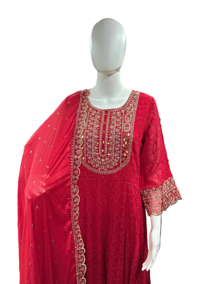 Magnificent Georgette Schiffli 3-Piece Anarkali Set in Vibrant Red