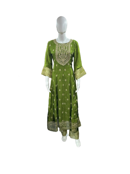 Magnificent Glass Fabric 3-Piece Anarkali Set in Rich Mehendi Green