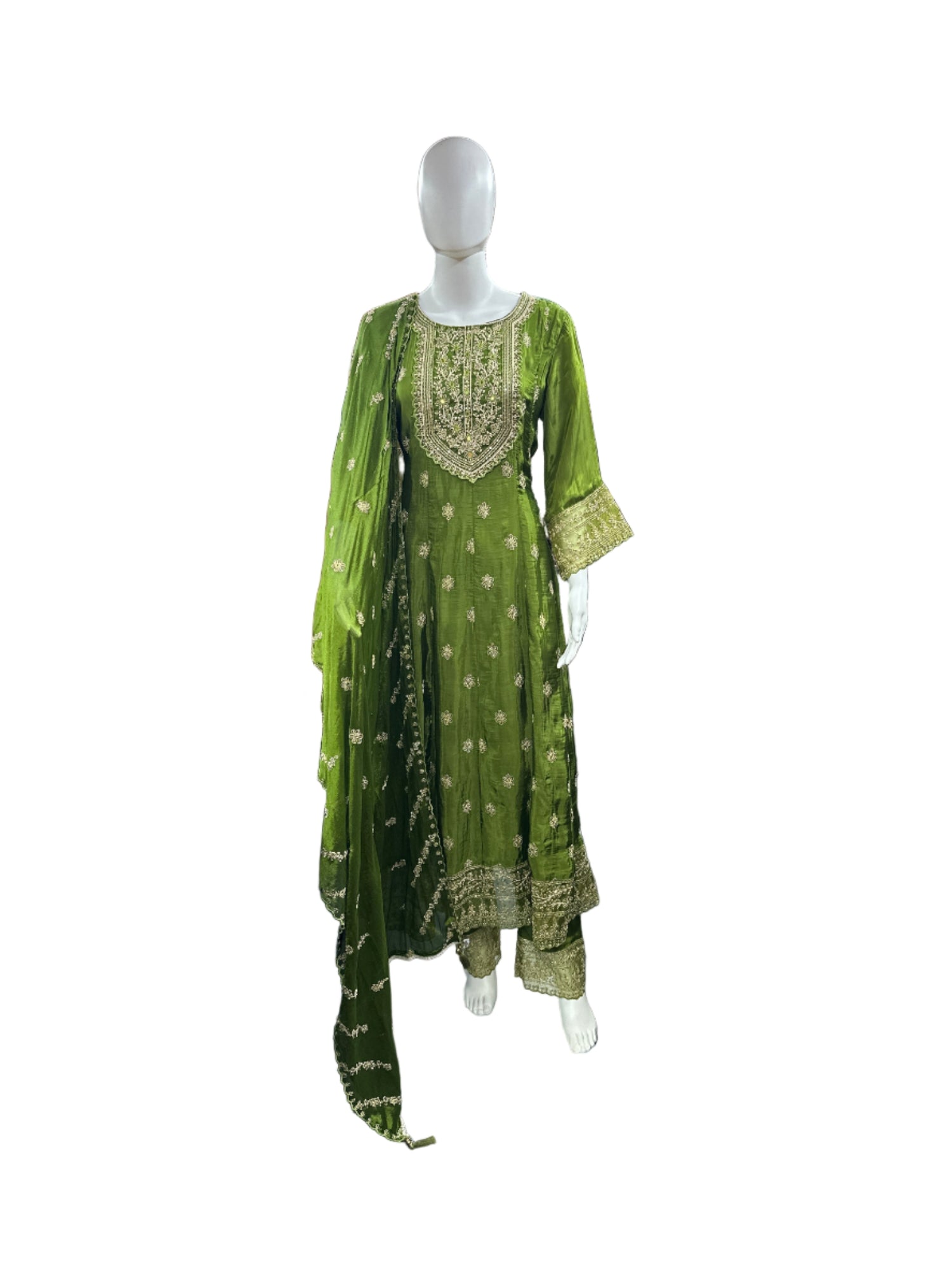 Magnificent Glass Fabric 3-Piece Anarkali Set in Rich Mehendi Green