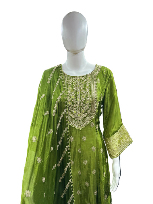 Magnificent Glass Fabric 3-Piece Anarkali Set in Rich Mehendi Green