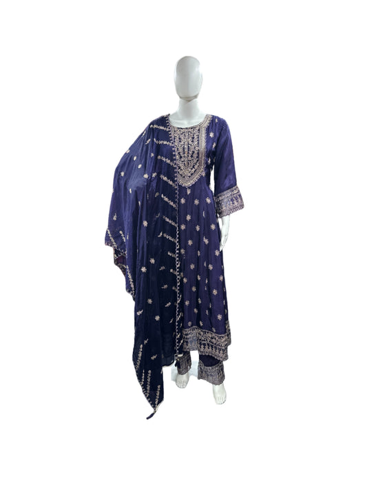 Magnificent Glass Fabric 3-Piece Anarkali Set in Rich Purple