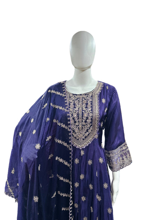 Magnificent Glass Fabric 3-Piece Anarkali Set in Rich Purple