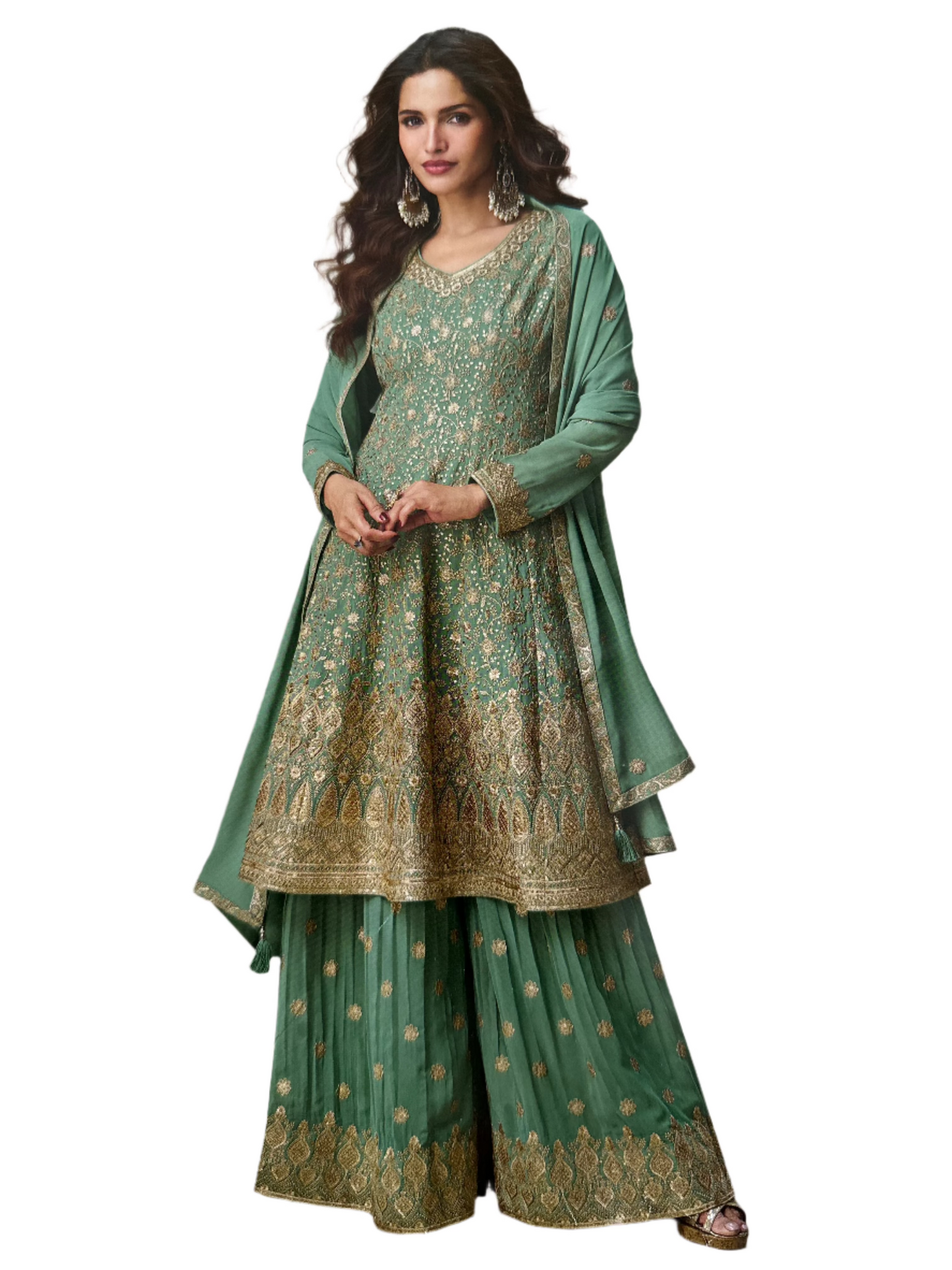 Heavy Embroidered Georgette Sharara 3 Piece Set - Sea Green