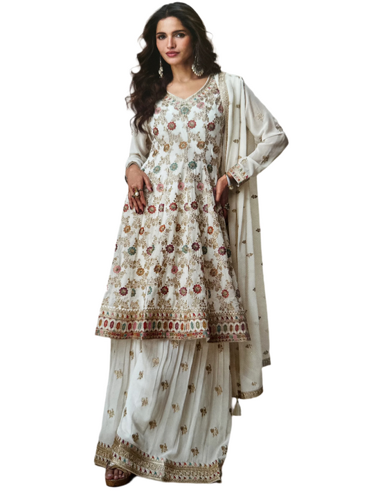 Heavy Embroidered Georgette Sharara 3 Piece Set - Off White