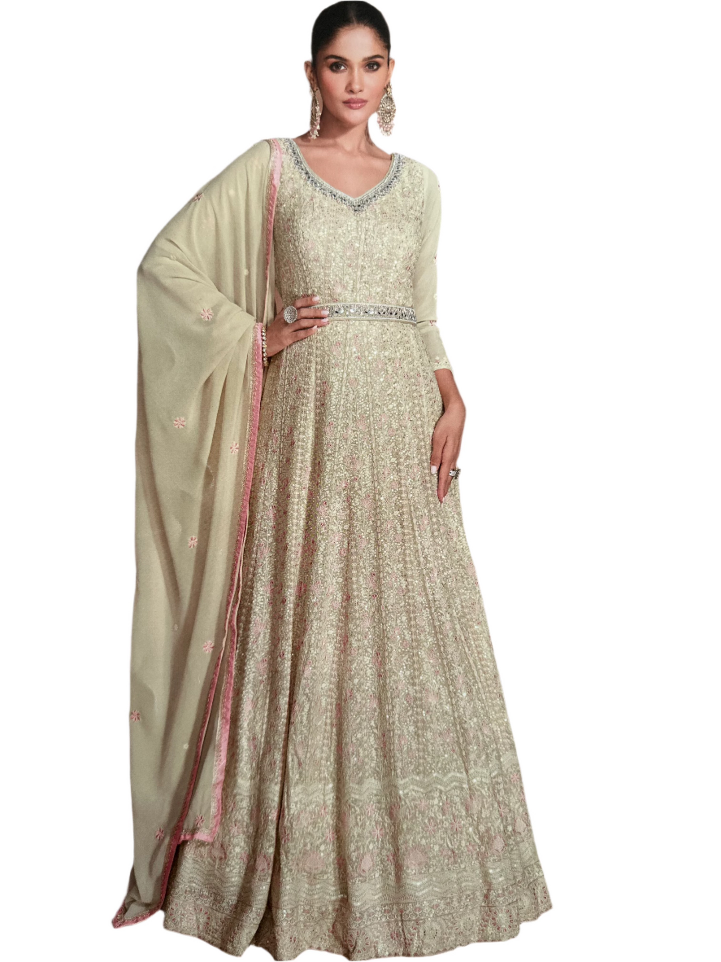 Heavy Georgette Self-Embroidered Gown - Beige & Pink