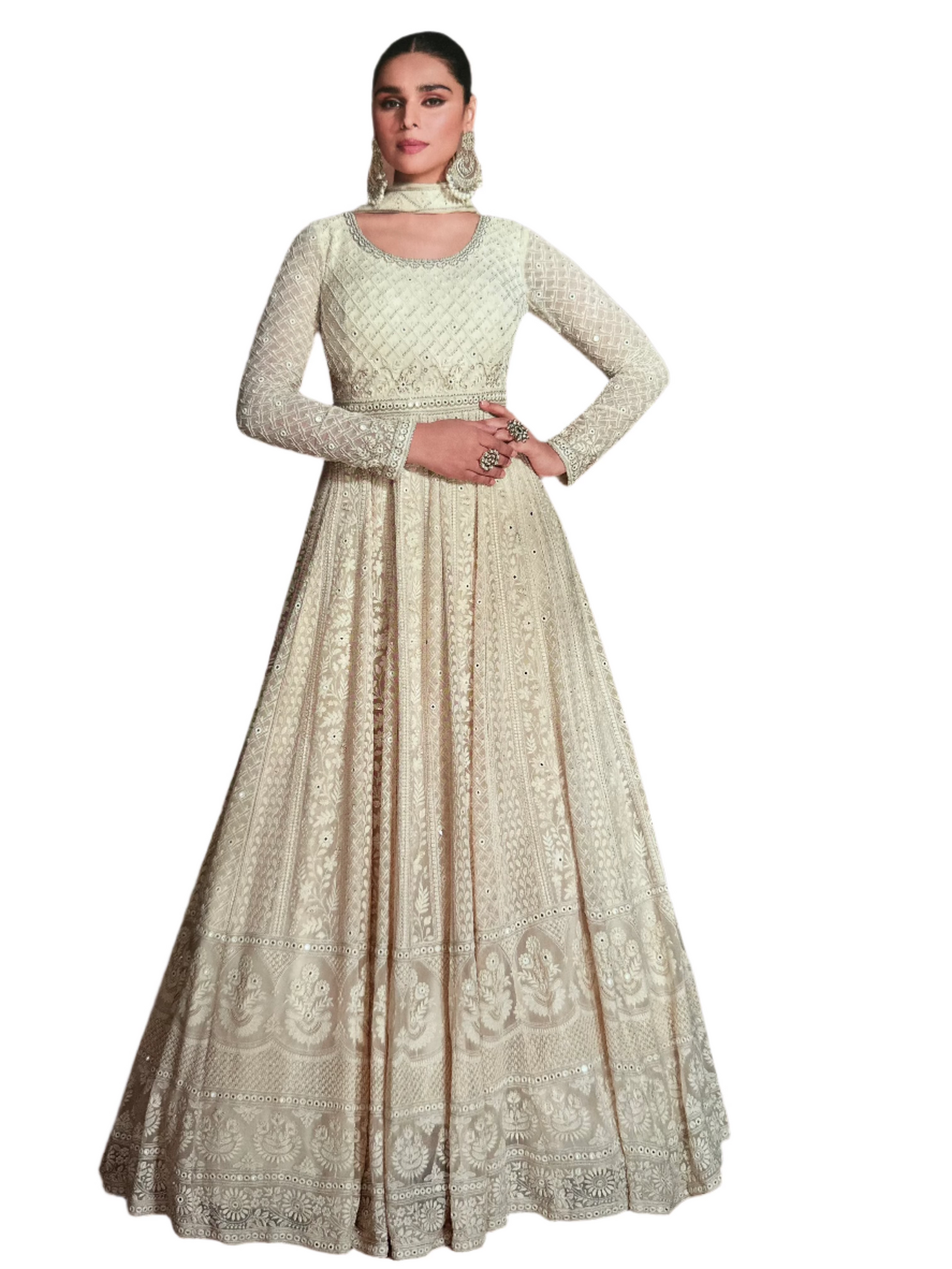 Heavy Georgette self-embroidered Gown with sequin work - Beige