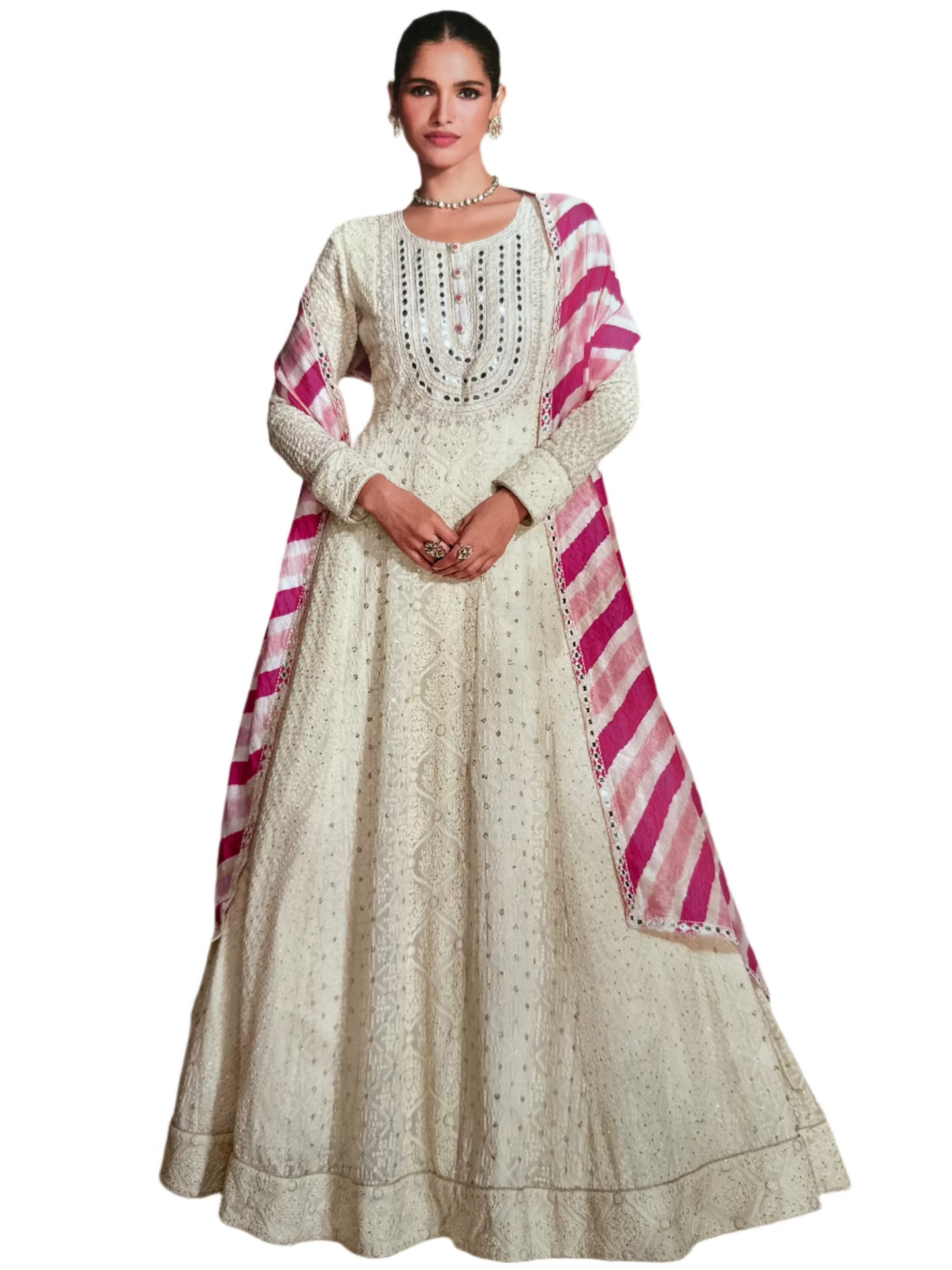 Heavy Georgette Self-Embroidered Gown with Sequin Work - Beige with Pink Dupatta