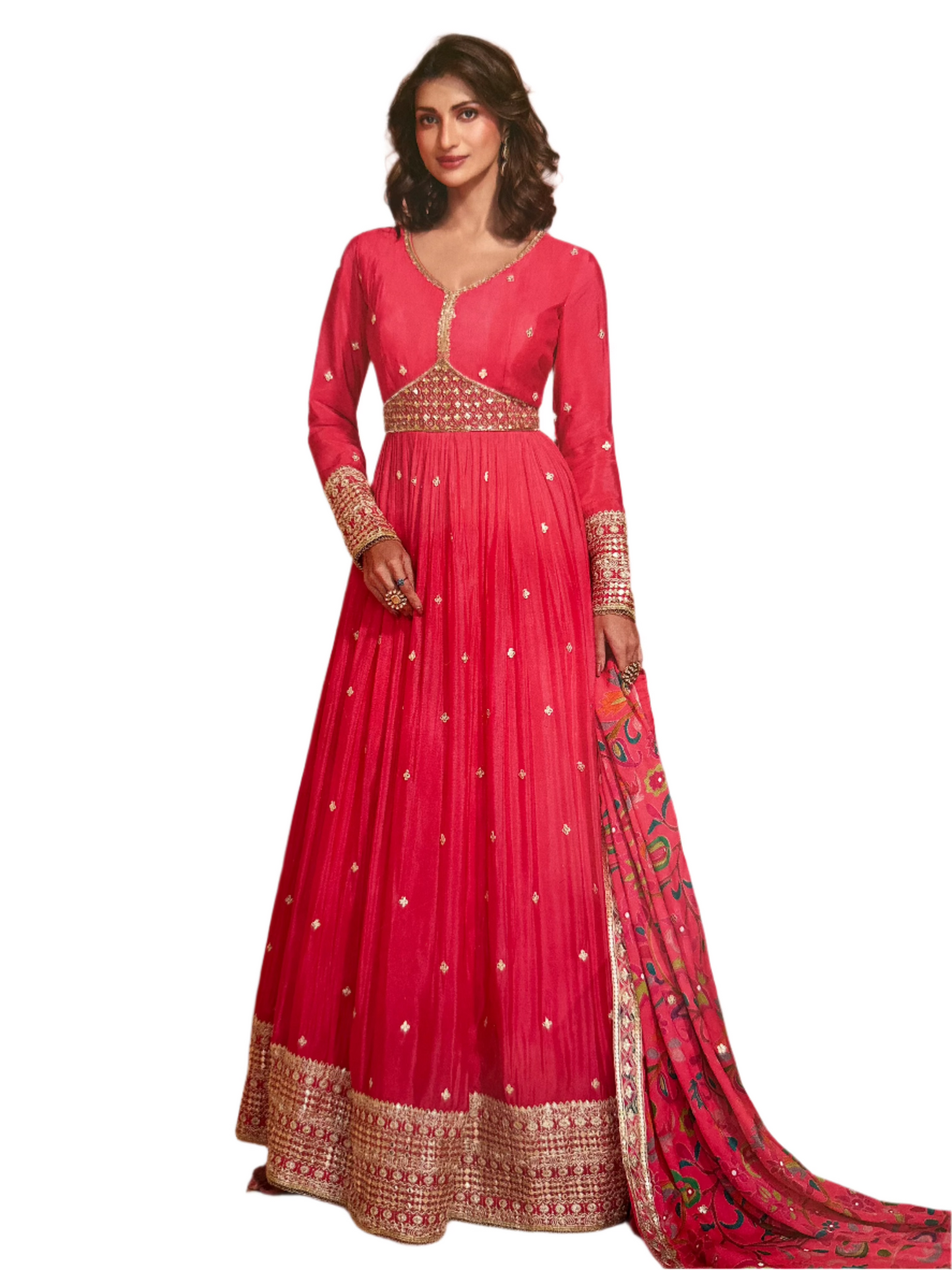 Heavy Chiffon Embroidered Gown with Dupatta - Pink