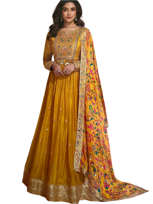 Heavy Chiffon Embroidered Gown with Dupatta - Mustard