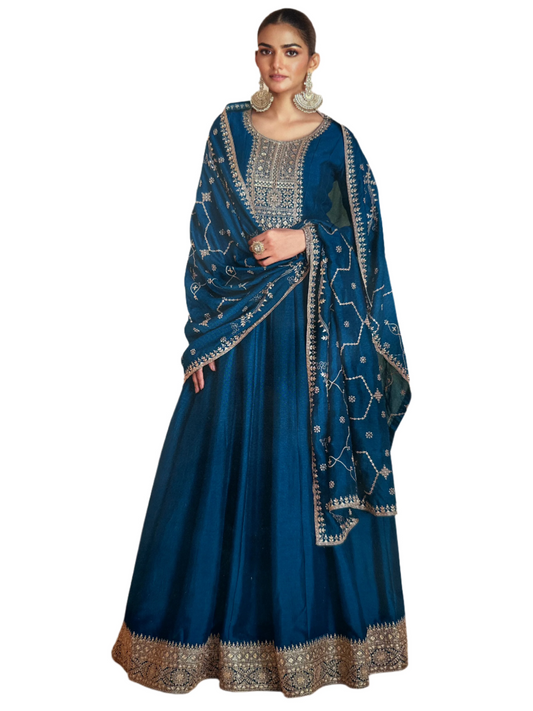 Chinnon Blue Gown with Heavy Embroidery and Embroidered Dupatta